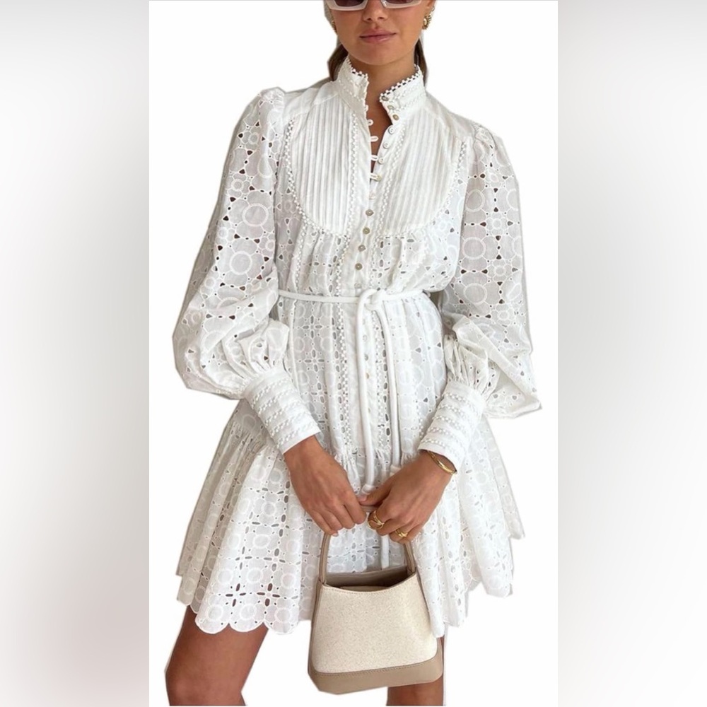 NWT Elegant White Eyelet Long Sleeve Button Down Dress A-Line Embroidery Summer